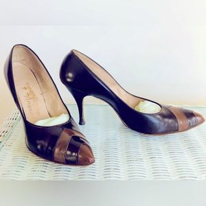 VTG 60s two-tone brown toe detail pumps 3 inch heel all leather 8 Narrow